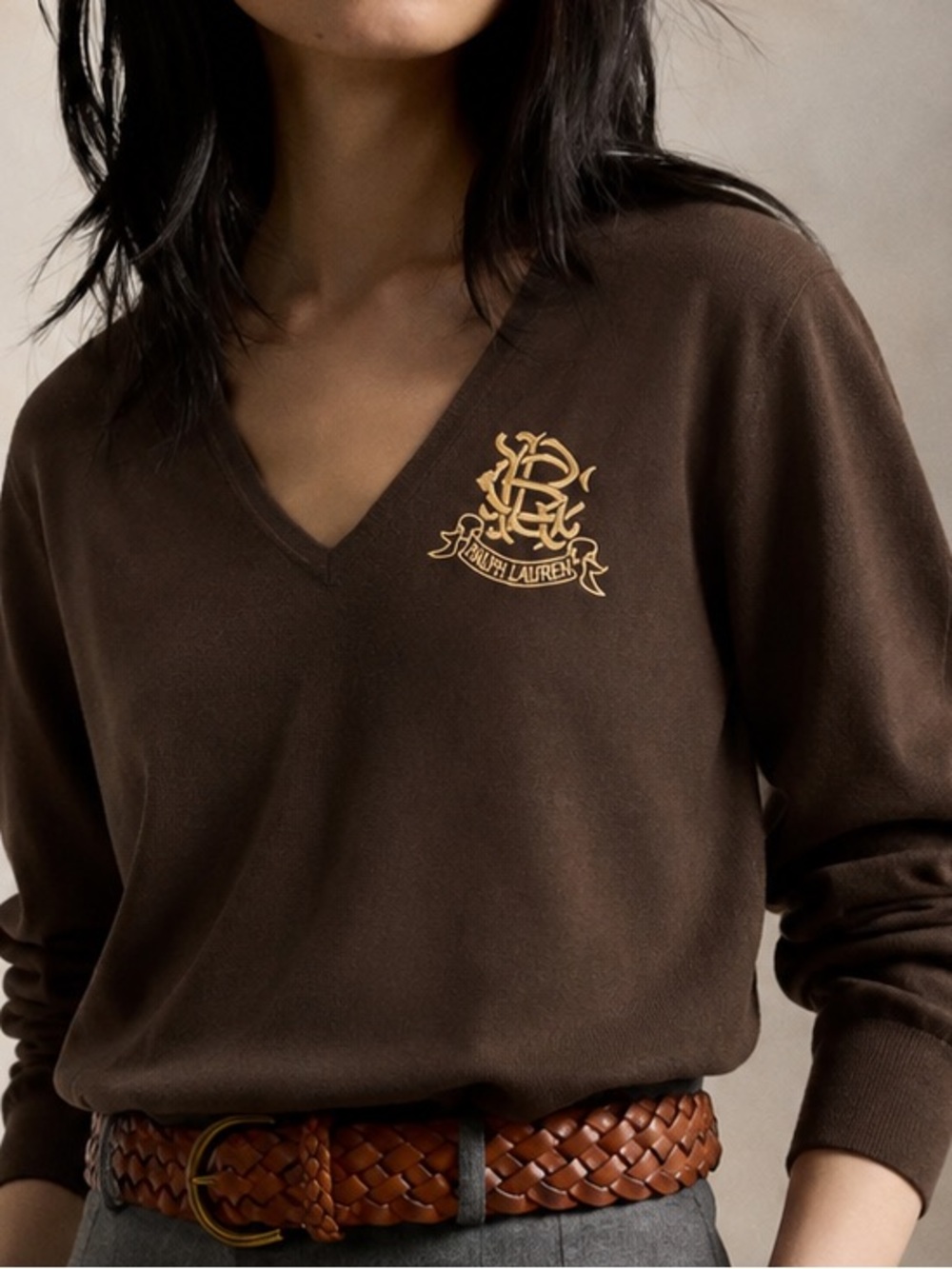Ralph Lauren Sport Chocolate Brown V-Neck Sweater Gold Crest Medium - Picture 6 of 8